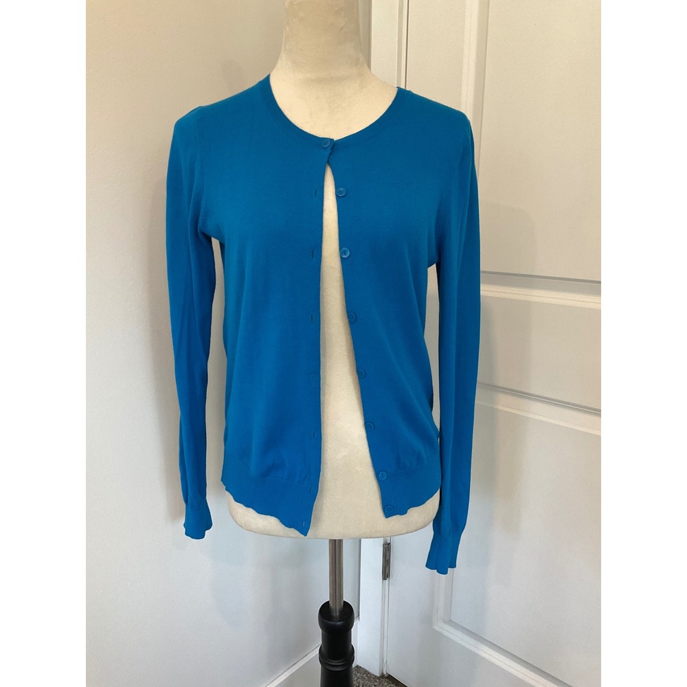 Uniqlo Bright Teal Crew Neck Button Front Cardigan Sweater Twee Preppy